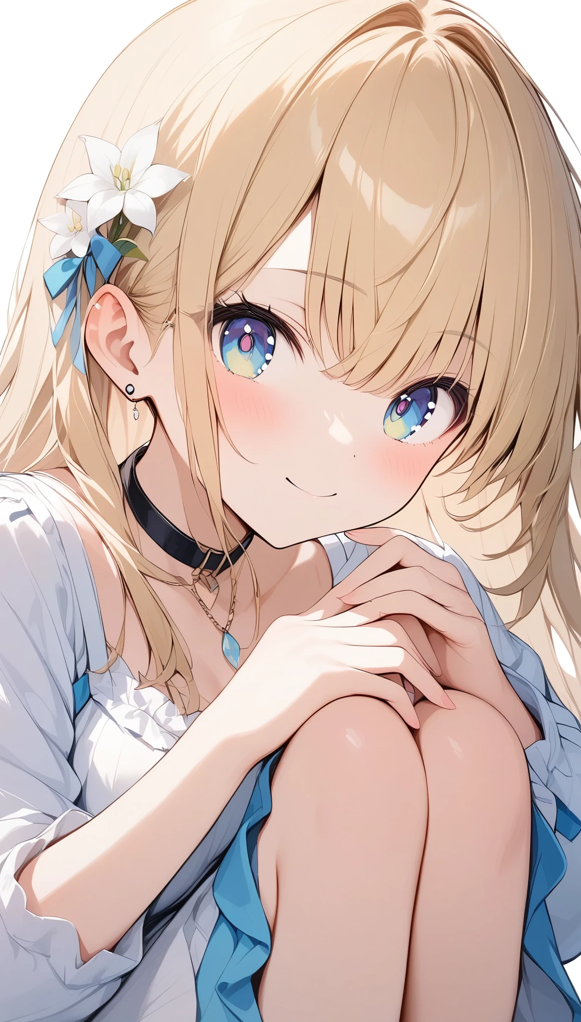 pale colour,((Amazingly absurd)),超High resolution, Attention to detail, high quality, High resolution, 最high quality, 4K, 8k, artwork,3dart,Lily of the valley flowers,White flower,Girl sitting in the middle,((Lily of the valley background)),White Dress、Blonde、long hair
