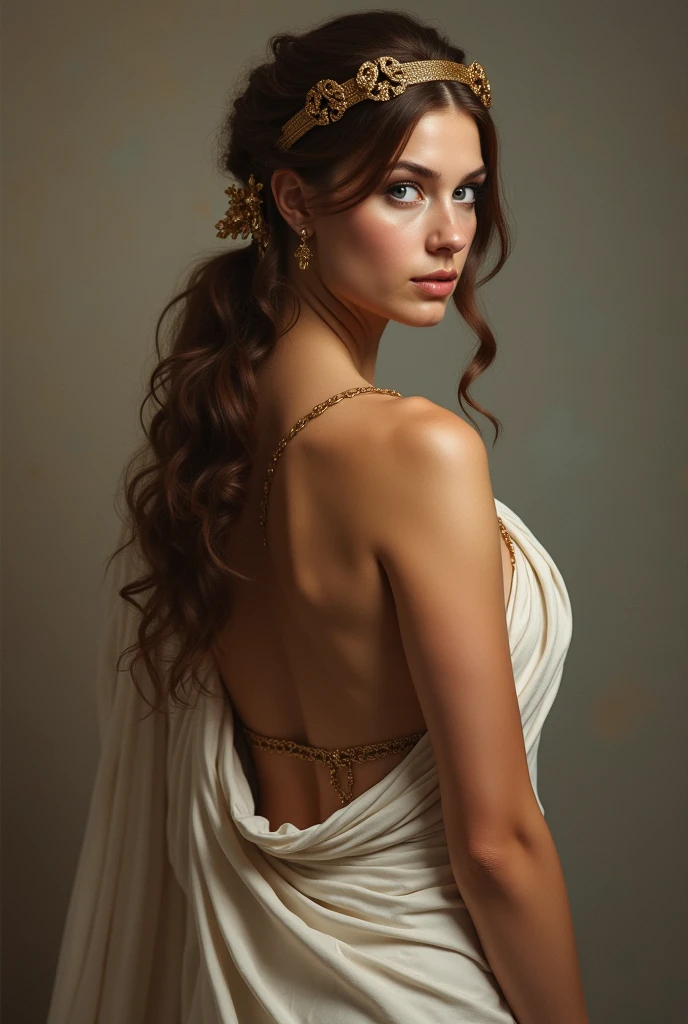 A NSFW neoclassical painting of the Greek Goddess Athena, a beautiful divine greek warrior and sensual woman with brown hair and fierce gray eyes. She is showing her beautiful ass and looking back. View from behind her.