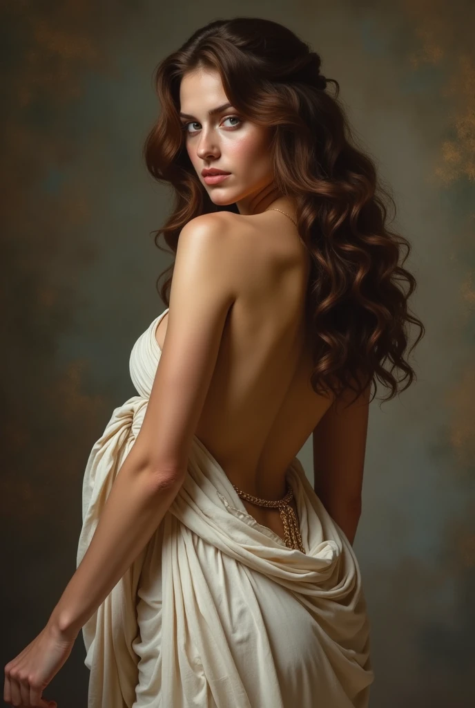 A NSFW neoclassical painting of the Greek Goddess Athena, a beautiful divine greek warrior and sensual woman with brown hair and fierce gray eyes. She is showing her beautiful ass and looking back. View from behind her.
