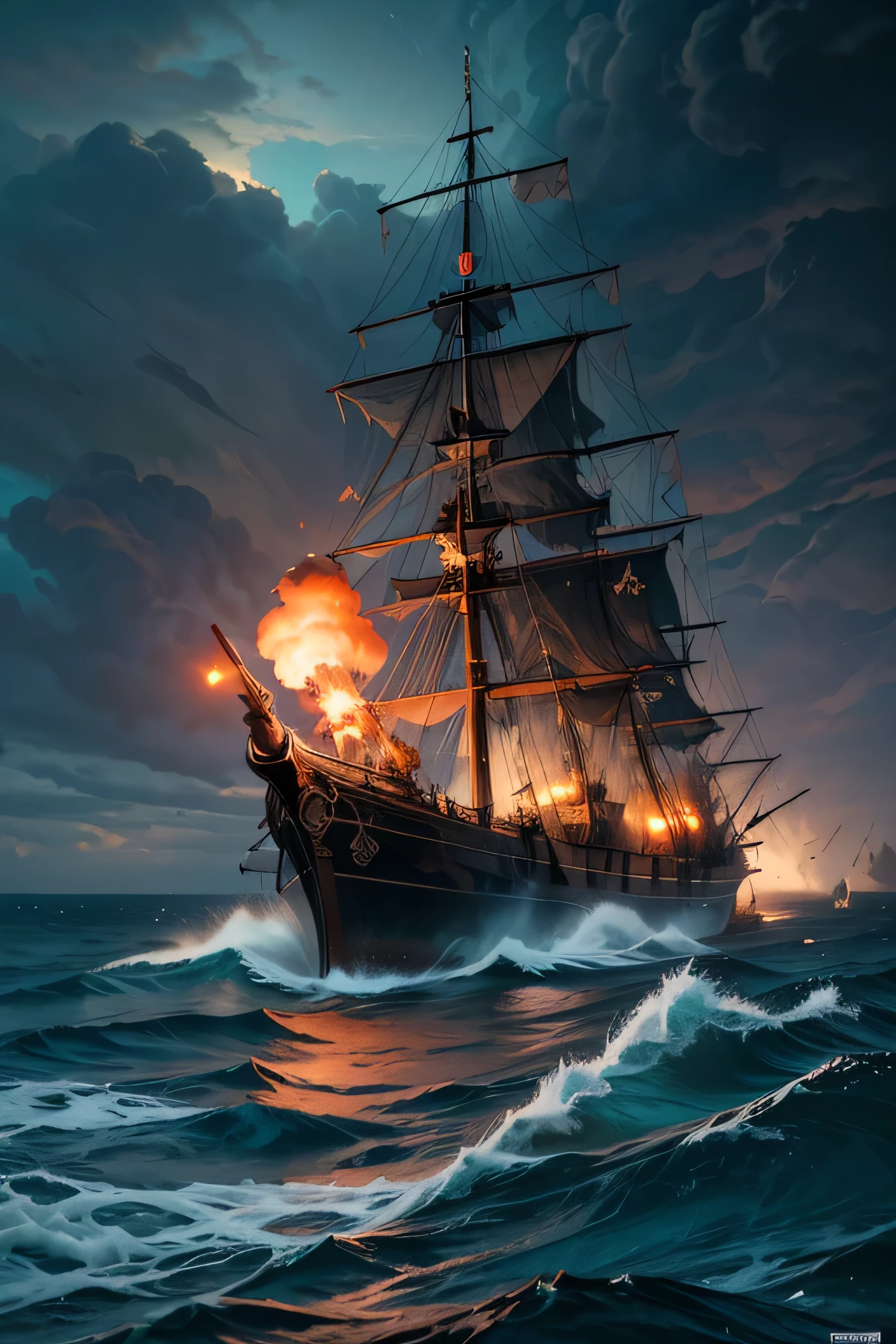 Pirate War, ((Masterpiece, top quality, high resolution, highly detailed CG unified 8K wallpaper)), (dramatic seascape of two pirate ships firing cannons at each other at close range:1.5), a spectacular and dynamic poster with columns of fire and water, rain and thunder; a pirate flag with a skull symbol waving in a gust of wind; cannonballs flying and causing explosions, throwing debris into the air; ominous dark clouds in the sky threatening rain and chaos; an adventure movie poster; a pirate ship with a skull symbol in a pirate ship's hull. ominous dark clouds looming in the sky, threatening rain and chaos on the open sea, adventure movie poster,