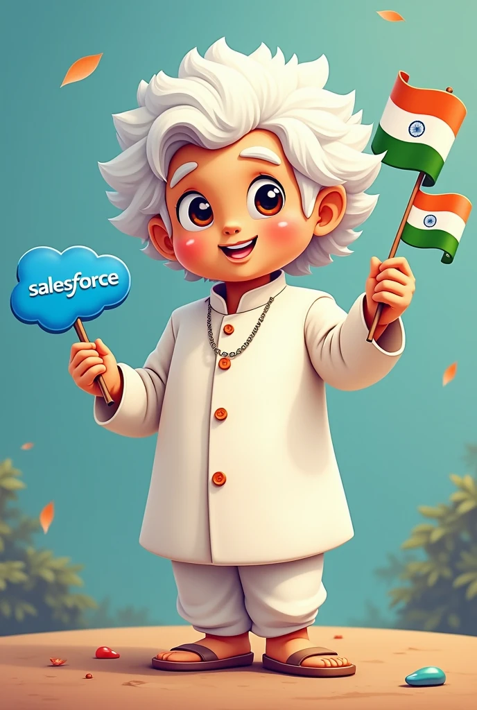 Salesforce Einstein mascot with white kurta and India flag in hand and Salesforce symbol in hand