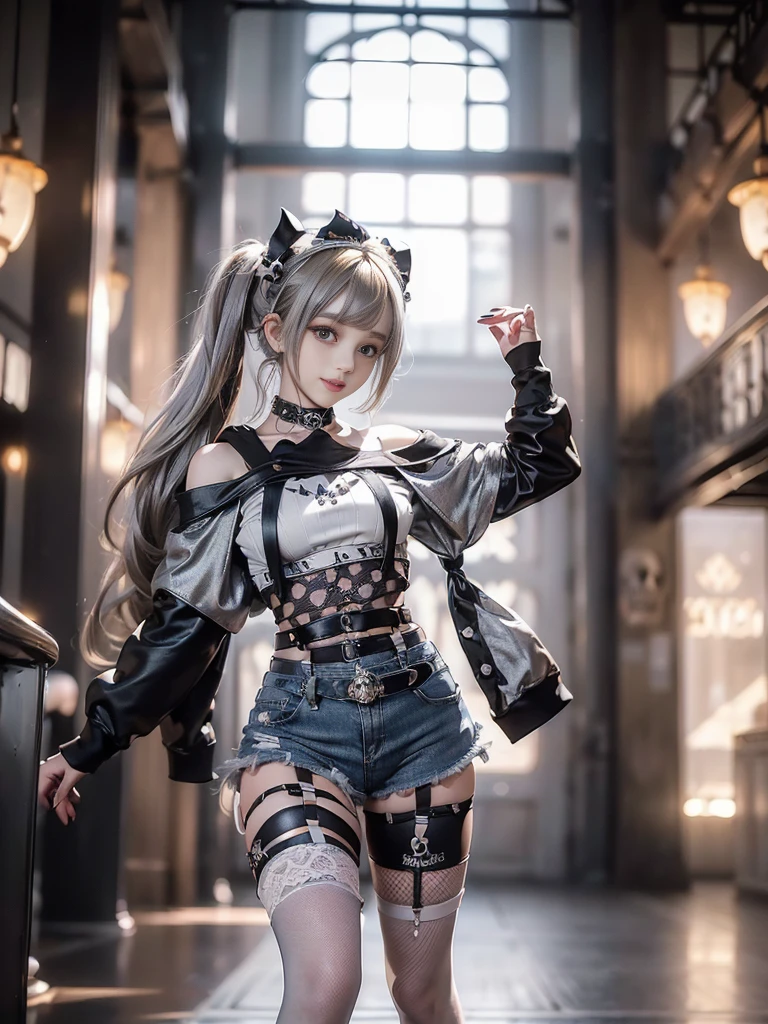 (Full Body View:1.2)、(Beautiful lips and nose:1.5)、(Side view:1.1)、(Smiling with teeth showing:1.3),(Fashion Model:1.5)、(Gothic ta battle uniform with delicate decoration:1.5)、(White off-shoulder hoodie:1.5)、(black, Silver and white shorts:1.4)、(denim garter belt:1.5)、(black and denim knee socks:1.3)、(Skull Silver Accessories:1.5)、(Lace Color:1.3)、(Brown Skin Belt:1.4)、(Brown boots:1.2)、(Polka dots on underwear:1.4)、23 years old、((Highest quality、In 8K、masterpiece:1.3))、Sharp focus:1.2、(Layered Cut、Huge boobs:1.1),Beautiful woman with perfect figure:1.4、(Dance vigorously:1.3)、Slim Abs:1.2、Highly detailed face and skin texture、Detailed eyes、double eyelid,(Twin tails:1.3)、(Brownish golden hair:1.3)、Idol Sculpture、(The background is a gorgeous dance hall.:1.3)、(The body is slim:1.2),(Slimming your legs:1.4),(clavicle:1.1)