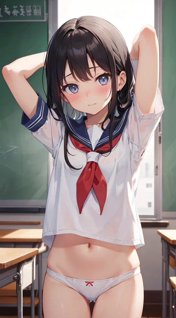 nsfw,alone, (One girl), Elementary school girl,, ((White panties)),ng only the top half of sailor school uniform), Sailor with un-folded hems, sexy, (Cowboy Sho ((Put your arms behind your head)), classroom, With a girl:Her hair is long and black, Her face is round and cute。It's below the knee。The shoes are black loafers。The girl had a surprised look on her face, Joy and emotion.、With eyes wide open, Open your mouth, Tears were reddening her cheeks, The cheeks and hands are drawn large., Black Hair, Low twin tails, (Are standing),(Shy, Embarrassing),Sit on a chair、Spread your legs、((pussy cameltoe:1.0))