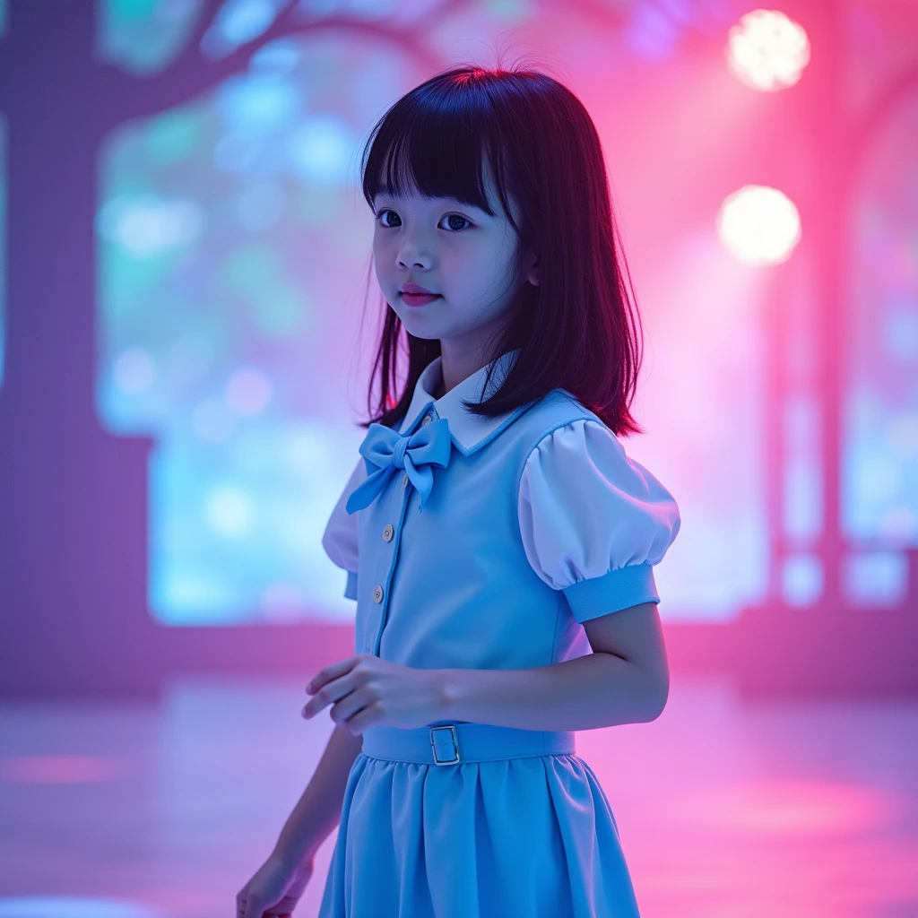 Wide shot profile portrait photo of a beautiful child girl, black medium straight hair, Japanese pop idol, 50mm portrait, peformimg on colorful stage lighting, Top: Baby blue sweet collar, front button closure, baby blue solid skirt and Matching Bow Tie, white shoe