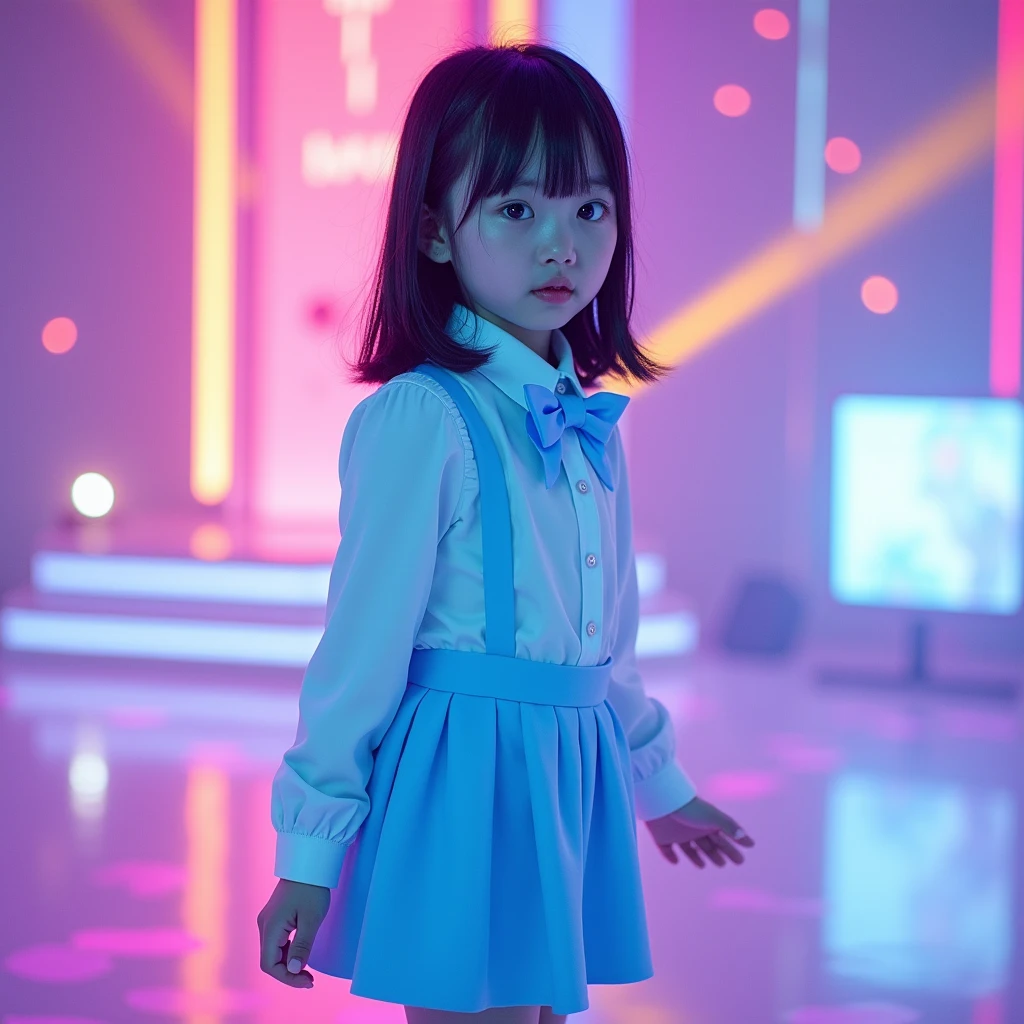 Wide shot profile portrait photo of a beautiful girl, black medium straight hair, Japanese pop idol, 50mm portrait, peformimg on colorful stage lighting, Top: Baby sweet collar, front button closure, baby blue solid skirt and Matching Bow Tie, white shoe