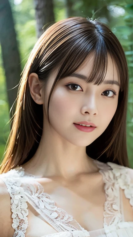 1 Female, Upper Body, Small breasts, Black Hair, Blunt bangs, Hair behind the ear, Hair that falls over the shoulders, Long Hair, Slim figure, Ultra Fine Face, Thin face, Delicate lips, Beautiful Eyes, Light blush, Perfect glowing skin, Perfect Skin, Shining Sweat,Have a look at this, Ultra-thin needle, Very thin fingers, The optimal ratio is four fingers to one thumb, (Realistic:1.3), finger Extensions, Lace white dress. coniferous forest, First Person View, Fuji film F/1.2, 8k, Tabletop, Super Detail, high quality, 最high quality, High resolution