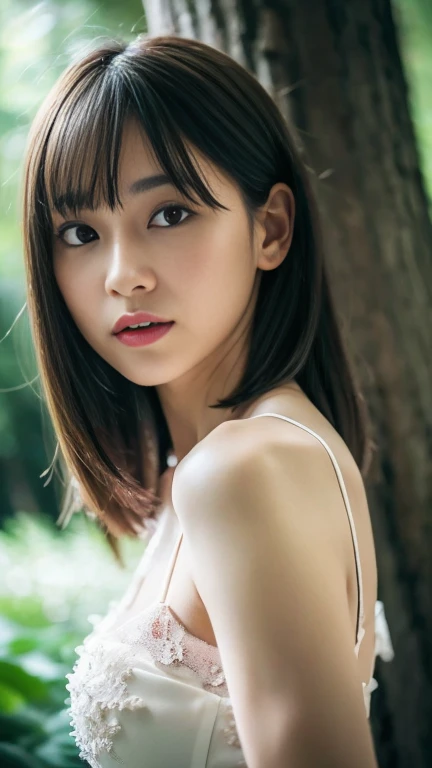 (((medium hair))), highest quality, 8K, absurd: 1.2, background blur, bokeh: 1.2, photo, (raw photo: 1.2), (Photorealsitic: 1.4), (complex details: 1.2), nice woman, delicate and beautiful details, (detailed eyes), (detailed facial features), , (((normal breasts))), beautiful skin, (best quality: 1.4), (((off red) naked portrait))) with beautiful autumn leaves in the background, nude photography, shiny nipple, show armpit