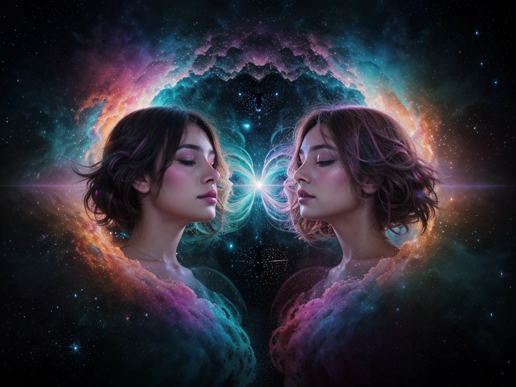 An ethereal union of cosmic entities dances in a surreal haze of pastel hues and glitchy distortions in an oil painting. The central focus is a mesmerizing spectacle of two swirling galaxies merging in a psychedelic display of neon pinks and electric blues. The image is meticulously crafted, with each brushstroke adding depth to the dreamlike scene. The shimmering stars and wispy nebulae create a sense of otherworldly wonder, drawing the viewer into a trance-like state of contemplation and awe.