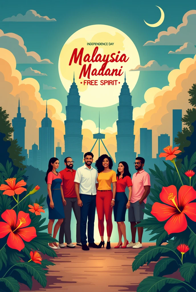 independence day poster (there is a brilliant path, people of racial unity, Hibiscus, rafflesia flower, klcc twin towers, wow moon, nasi lemak, tunku abdul rahman, tugu malysia) (in the middle there is a circle and inside there is written malysia madani, free spirit)