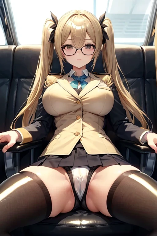 (((Spread your legs、Shooting from below))、(((Accentuate the crotch、Shiny underwear)))、Highest quality, 8k, masterpiece :1.3)), whole body, Sharp focus :One Girl,Glowing Skin,SSexy pose,Highest quality,Tabletop,shape,Very delicate and beautiful,Hmph,8k壁紙,wonderful,In detail,Official Art,Very detailedなティッカーUnity 8k壁紙,Unbelievably ridiculous,Large file size,Very detailedな,High resolution,Very detailed,Beautiful detailed girl,Realistic,X-ray,The queue is full,(((Uniform Blazer、mini skirt)))、(((Big Breasts、Long golden hair、Uniform Blazer、Her hairstyle is twin tails.)))、(((train、Sit in a chair in the car)))、Stand upright、Cleavage , ((Long golden hair、Her hairstyle is twin tails.))、Uniform Blazer、exy pose、Her hairstyle is twin tails.、Glasses