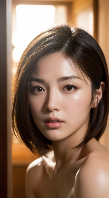 Masseter muscle part, highest quality, masterpiece, High resolution, Photoreal, Raw photo, 8k wallpaper, perfection, professional lighting, very detailed, Depth of written boundary, beautiful actress appearance, A perfect woman who looks like a Japanese woman, Anatomically perfect face, ((looking into viewer&#39;eye)), bangs, Breasts with no bulge at all, topless, light brown straight hair, faint lips, (arm between legs),  full body figure, 1 Female in her 20s, (20:1.2), Neat and beautiful actress face, pretty girl, realistic body, The beauty of slim abs, Fair skin, Shiny skin, slender body shape, long and thin legs, light brown delicate soft hair, feminine adult french bob, layer cut, (Dull bangs:1.2), natural smile, beautiful teeth, beautiful small face, realistic face, Beautiful actress&#39;s natural makeup, Delicate eye, Long eyes that seem to suck you in, natural look, Plump and glossy pink lips, My cheeks turned red, necklace, earrings, double eyelid, beautiful thin eyebrows, cute firm butt, Stunning cleavage, Clothing that exposes shoulders and chest, Short nightgown made of high quality materials, Bright room in luxury hotel, large window in the background, Waking up in the morning, Get on all fours in a plush bed, stick out your butt, Put your finger in your crotch, angle from ceiling, stunning full body shot, Half-open mouth and greedy expression, Stare at the viewer with a dreamlike expression, beautiful female announcer, sunlight shines in, Spotlight, dynamic lighting, (Camera angle looking up from diagonally below :1.5)