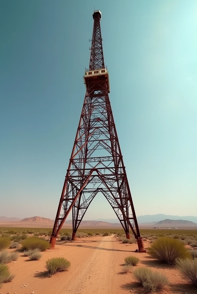 A rusty steel tower that seems to stretch on forever　Terribly thin　Looking up from below　desert