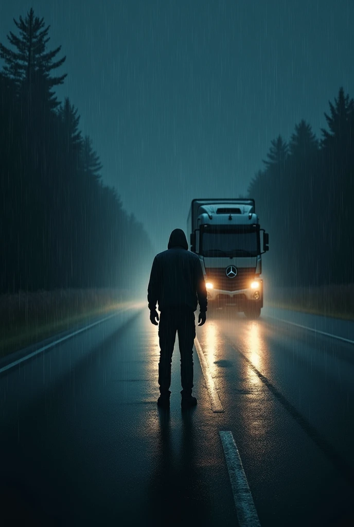 A man standing in the middle of a highway at night and it's raining and a truck is coming towards him