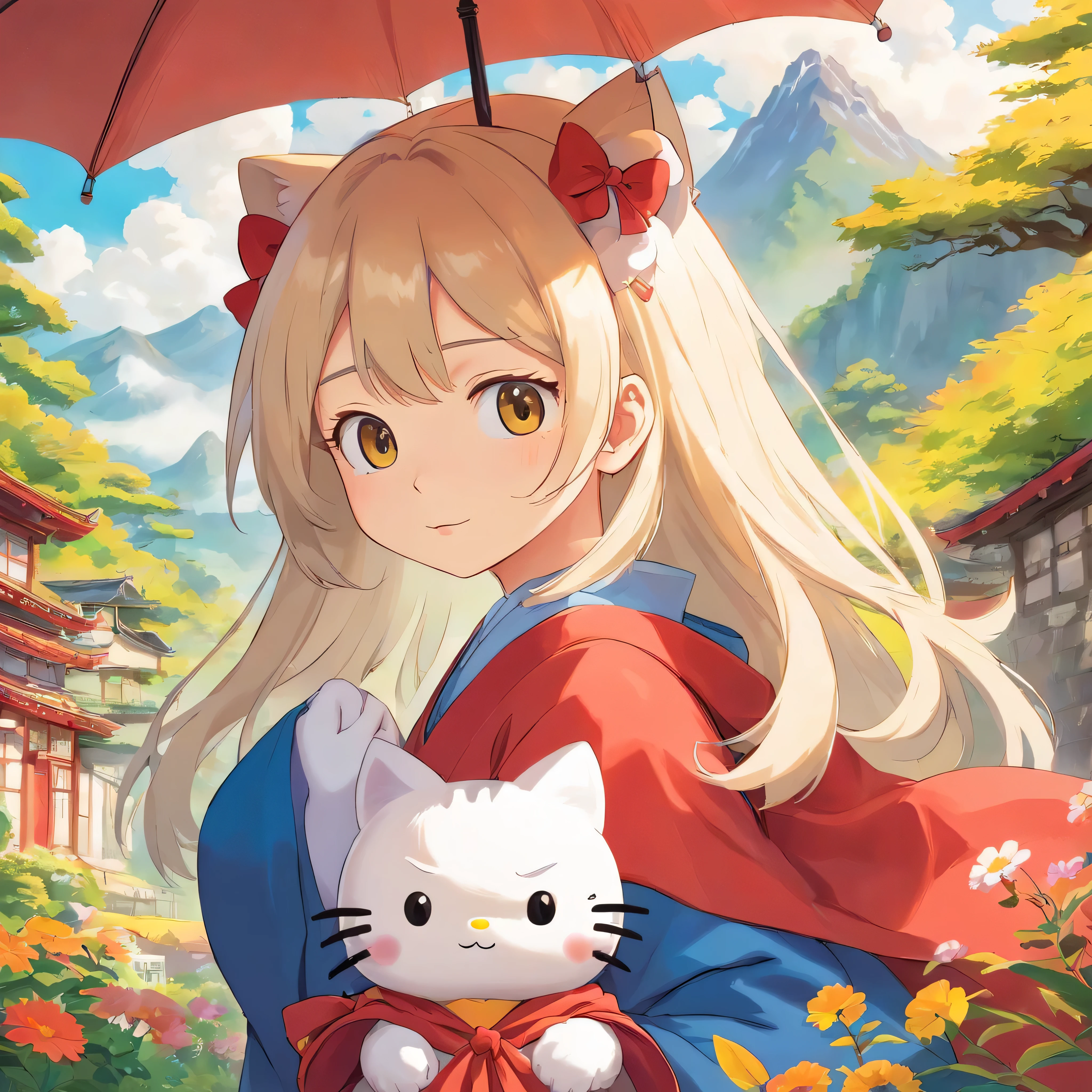 can you make an anime portrait of hello kitty and a female kitsune?