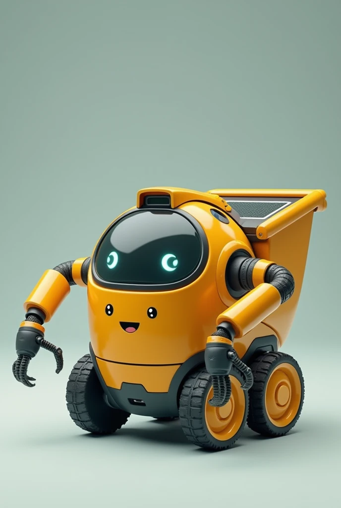 Robot Name: TrashBot
Design:
TrashBot is a small, friendly robot designed to help clean up trash and keep the environment clean. It has a round body, with wheels at the bottom so it can move smoothly on different surfaces. On its top, TrashBot has a small screen that shows a smiling face, making it look approachable and kind. It has extendable arms with claws to pick up trash, and a large container on its back where it stores the trash it collects. Solar panels on its back allow TrashBot to recharge using sunlight, making it eco-friendly.