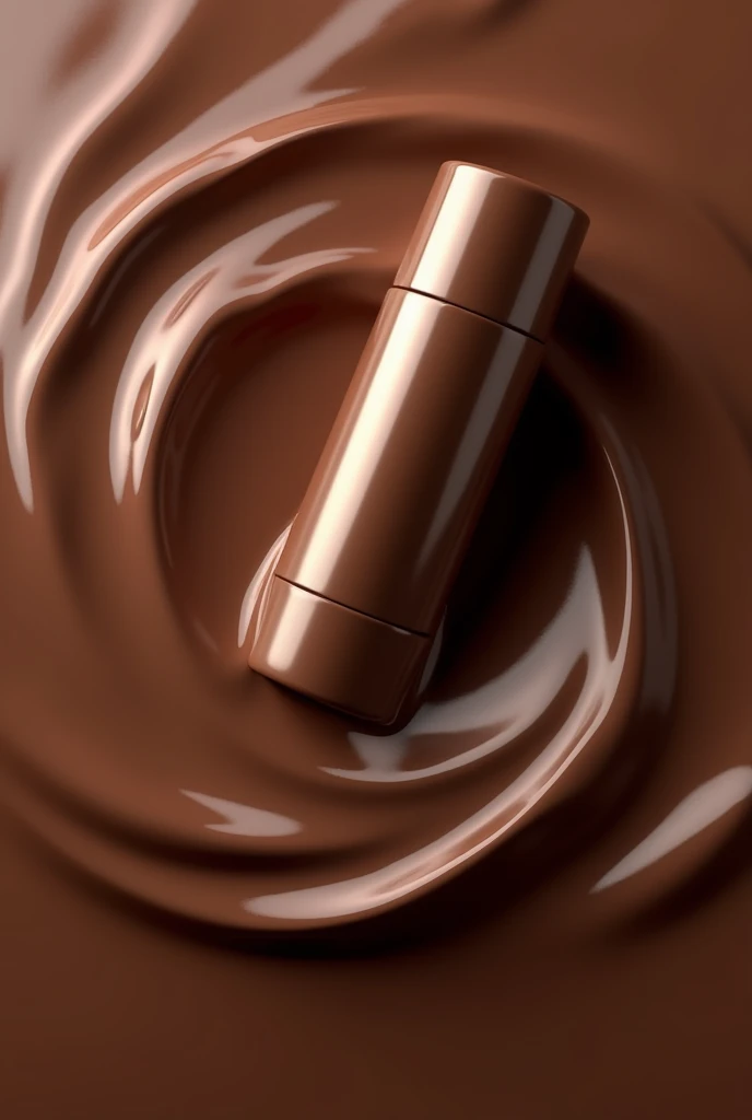One deo bottle on liquid chocolate and some chocolate liquid waves around the bottle
