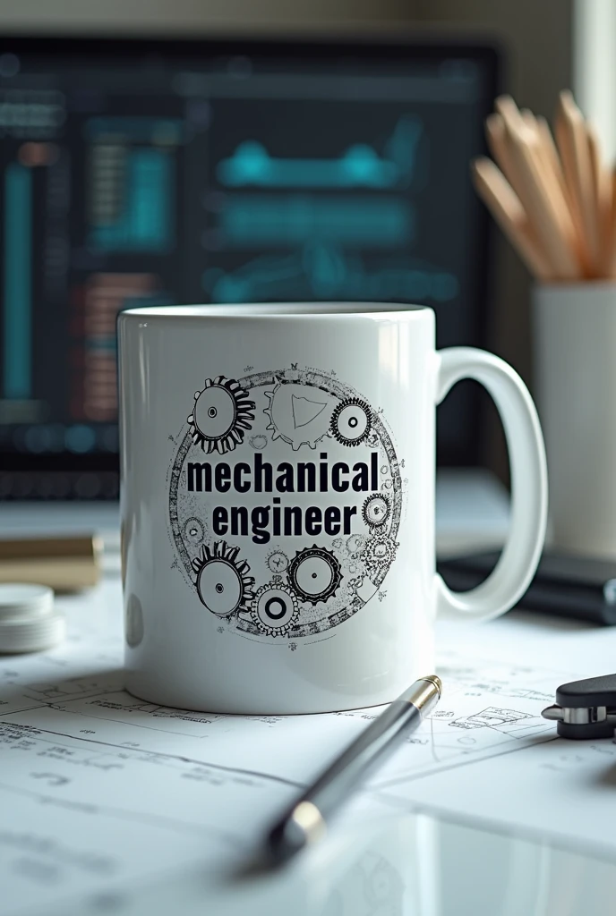 Coffee mug with the design of Mechanical engineering and write mechanical engineer in the mug.