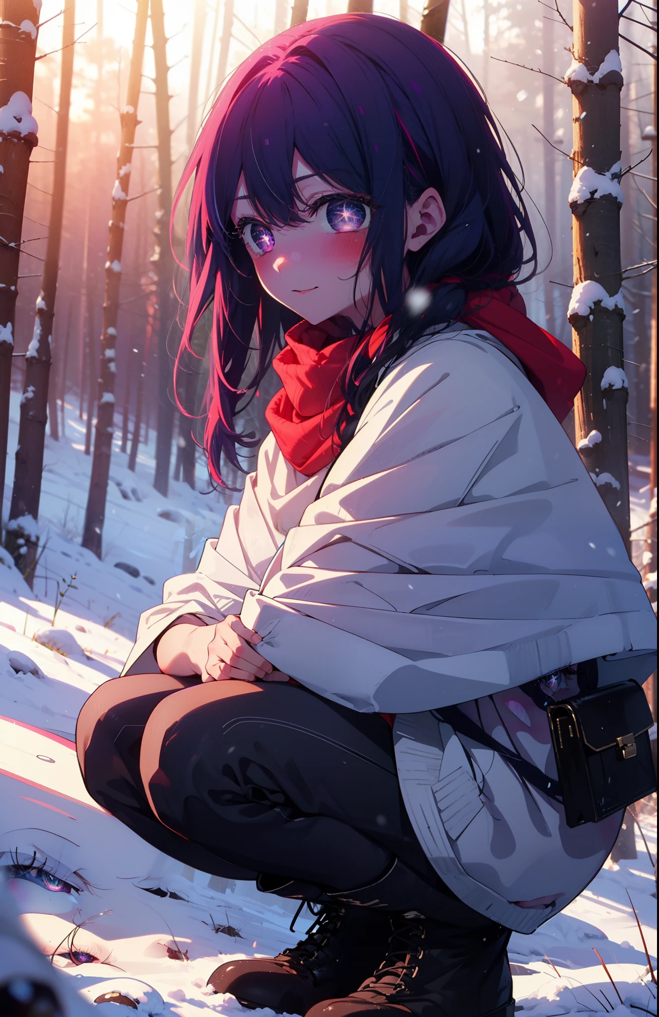 aihoshino, Ai Hoshino, Long Hair, bangs, (Purple eyes:1.1), Purple Hair, (Symbol-shaped pupil:1.5), smile,,smile,blush,white breath,
Open your mouth,snow,Ground bonfire, Outdoor, boots, snowing, From the side, wood, suitcase, Cape, Blurred, , forest, White handbag, nature, Squat, Mouth closed, Cape, winter, Written boundary depth, Black shoes, red Cape break looking at viewer, Upper Body, whole body, break Outdoor, forest, nature, break (masterpiece:1.2), Highest quality, High resolution, unity 8k wallpaper, (shape:0.8), (Beautiful and beautiful eyes:1.6), Highly detailed face, Perfect lighting, Extremely detailed CG, (Perfect hands, Perfect Anatomy),
