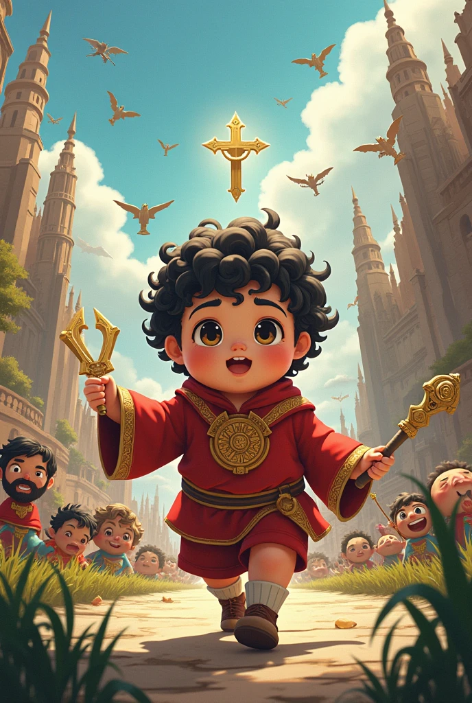 A chubby boy with short, curly hair taking over the world and spreading a new religion called "jojism"