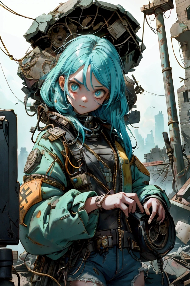 A beautiful, cute girl with a quirky and animated appearance stands in front of the crumbling ruins of a financial institution labeled 'MT. GOX.' She is dressed in a playful, futuristic outfit with a cryptocurrency-themed design, holding a large Bitcoin coin in her hand with a surprised yet determined expression. The background is filled with broken old computers, tangled wires, and scattered technology, creating a post-apocalyptic yet whimsical atmosphere. The overall scene is cartoonish and vibrant, maintaining the original playful and dystopian theme while bringing a lighthearted touch to the chaotic surroundings