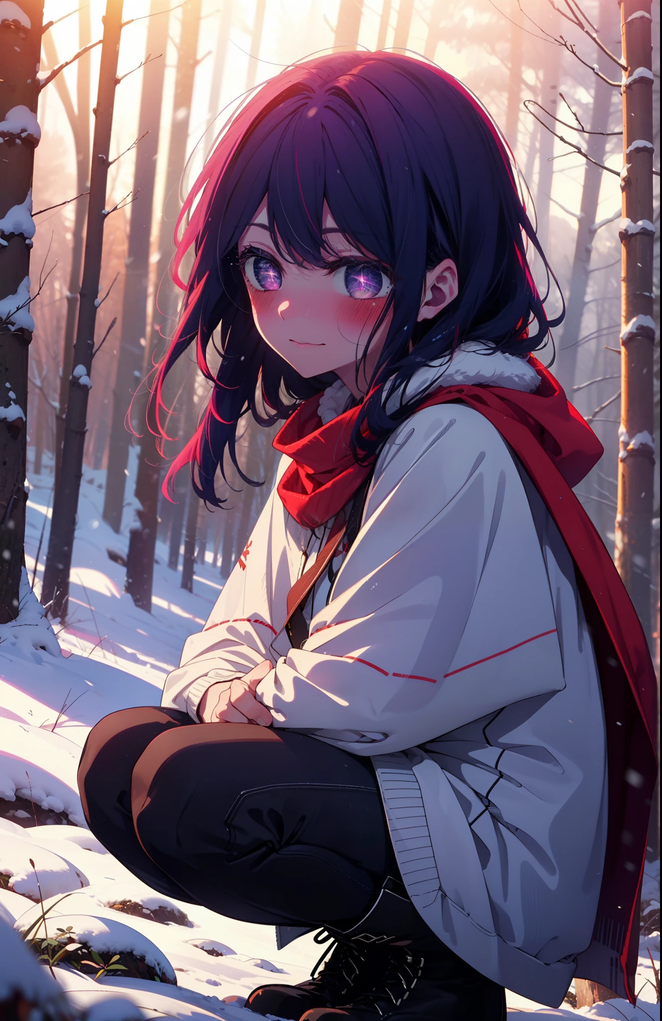 aihoshino, Ai Hoshino, Long Hair, bangs, (Purple eyes:1.1), Purple Hair, (Symbol-shaped pupil:1.5), smile,,smile,blush,white breath,
Open your mouth,snow,Ground bonfire, Outdoor, boots, snowing, From the side, wood, suitcase, Cape, Blurred, , forest, White handbag, nature, Squat, Mouth closed, Cape, winter, Written boundary depth, Black shoes, red Cape break looking at viewer, Upper Body, whole body, break Outdoor, forest, nature, break (masterpiece:1.2), Highest quality, High resolution, unity 8k wallpaper, (shape:0.8), (Beautiful and beautiful eyes:1.6), Highly detailed face, Perfect lighting, Extremely detailed CG, (Perfect hands, Perfect Anatomy),