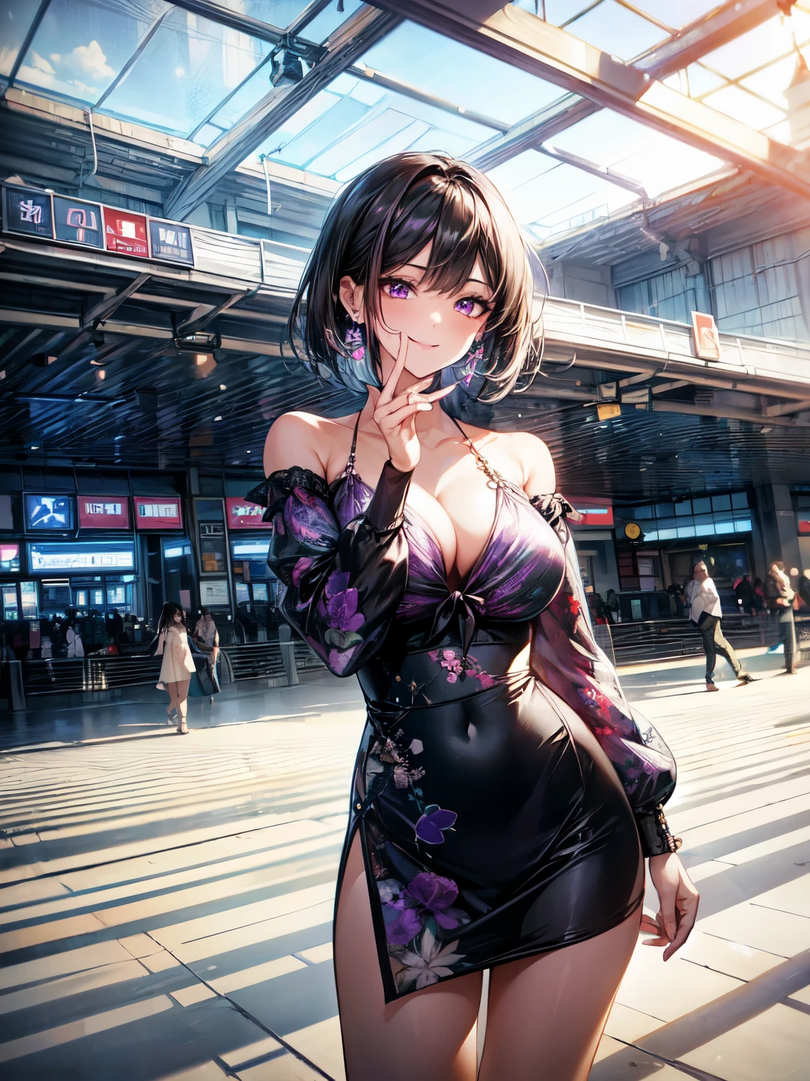 8K, (masterpiece, best quality:1.3), ((bokeh)), (short focus lens:1.4), anime style, Japanese, 1 lady, medium shot, (face light), cinematic lighting, sharp focus, (Left to Right Balance), beautiful eyes, (Perfect Hands,Perfect Fingers,Perfect Limbs,Perfect Body,Correct Human Body,Perfect Image Realism,Perfect Anatomy),
(shiny skin, detailed skin),
(black hair1.3), center-parted short bob:1.3, purple eyes,
wearing trendy outfit, long sleeve sheer mini dress, puff sleeve mini dress, black and purple abstract print pattern, Tie-dye pattern, Silver chain necklace, piercings, silver bracelet, professional and calm demeanor, casual pose,
busty, sexy body,
(lovely smile),
(beautiful scenery), (modern train station during daytime, spacious concourse, glass and steel architecture, sunlight streaming through large windows, people walking, digital information boards, clean and sleek design), very wide, panorama view, sense of depth, magnificent view,
