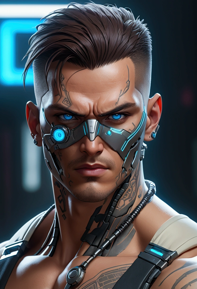 (best quality, Art, animation styling, Full of details), Upper body cut of a man with an Indian warrior feel, A man with a thick facial bone structure, Men with developed trapezius muscles, official anime art illustration, White person with blue eyes, Cartoon of a man wearing a mask on his face, protruding eyes, semi-realistic cyberpunk style, Portrait of a cyberpunk man, cyberpunk art ultrarealistic 8k, cyberpunk style , hyper realist, cyberpunk character, Trends in ArtStation, Complete movie character, Trends in ArtStation 4k, Cyberpunk Cyborg Upper Body, Realistic upper body like a movie, A perfectly realistic cyberpunk hero., inc썩음ibly detailed, 8k, Ultra HD, Art, best quality, very detailed, convoluted, Expressing the upper body, Show me your waist, Cyborg, a machine-to-human ratio
