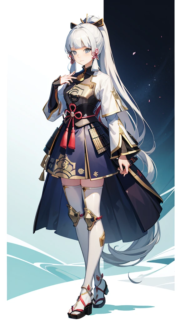 kamisato_ayaka,Japanese style,Armour,long white hair,horse tailed,Elegant smile,Keep one's mouth shut,Detailed eyes , stockings,
Black high heels,
