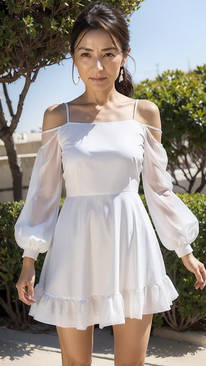 ((Highest quality)), ((8k)), ((masterpiece: 1.3)), (Perfect appearance), (Photorealism: 1.6), (JMA), (Who), (Genuine:1.4), 1 Mature Woman, Perfect Anatomy, 65 years old, ((Realistic skin texture)), (Fine lines on the skin), (Dull skin), (Facial wrinkles), (Wrinkles around the eyes), double eyelid, Tear bags under the eyelids, Medium Long Hair, (Stand collar, Asymmetrical hem, Frills, No sleeve, dress), ((Standing posture: 1.3)), (Resort: 1.2),