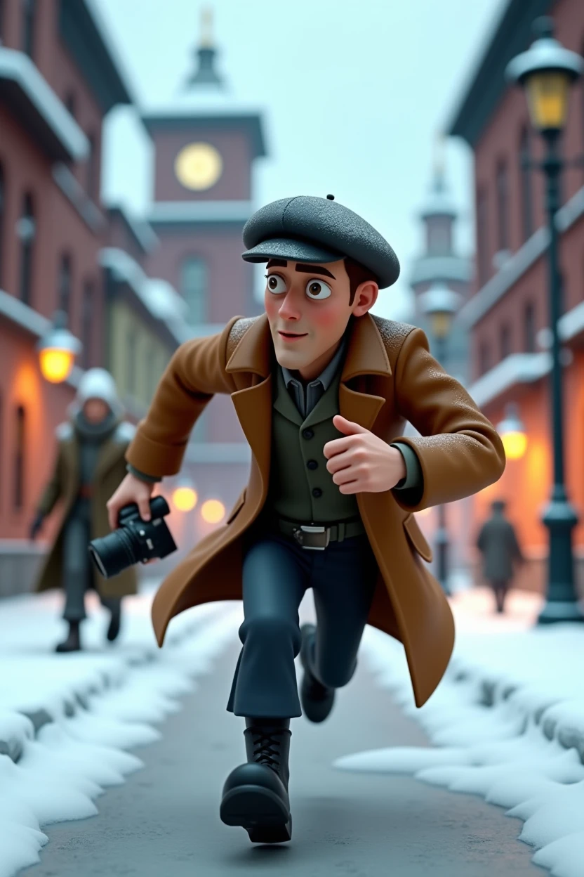 A want a Russian journalist character. with a vintage camera on his hand. running from something in a snow old city. The man is in the med of 30s. The time of the character is in the 1900s. The character is animation 3d Pixar and Disney style. Full body as a Movie poster. with face expression. Only in pixar cartoon style. He is wearing a black boots. And vintage jacket with flat hat. Adventure. Action. Cartoon style.