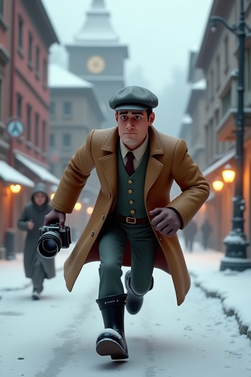 A want a Russian journalist character. with a vintage camera on his hand. running from something in a snow old city. The man is in the med of 30s. The time of the character is in the 1900s. The character is animation 3d Pixar and Disney style. Full body as a Movie poster. with face expression. Only in pixar cartoon style. He is wearing a black boots. And vintage jacket with flat hat. Adventure. Action. Cartoon style.