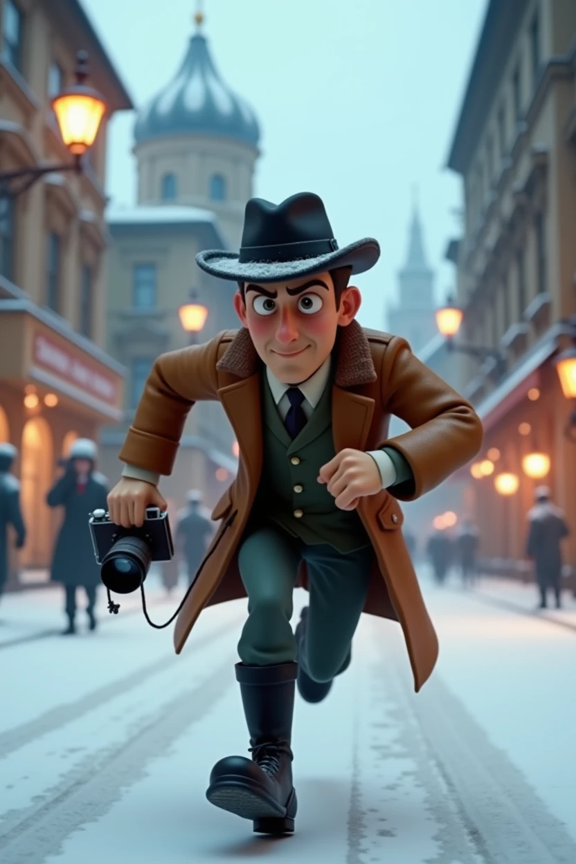 A want a Russian journalist character. with a vintage camera on his hand. running from something in a snow old city. The man is in the med of 30s. The time of the character is in the 1900s. The character is animation 3d Pixar and Disney style. Full body as a Movie poster. with face expression. Only in pixar cartoon style. He is wearing a black boots. And vintage jacket with flat hat. Adventure. Action. Cartoon style.