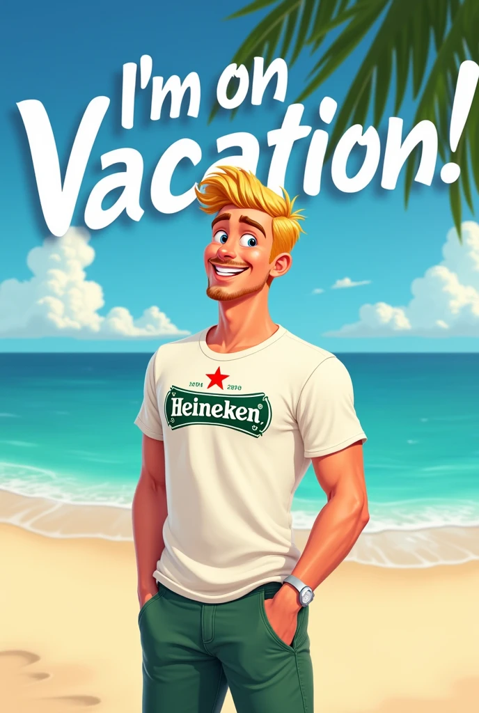 Create an image of a young white man with blond hair wearing a Heineken shirt on the beach with the phrase saying: I'm on vacation !! Disney style