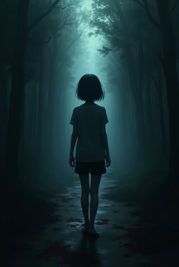 Can u make me an ai image on the title 'Lost In The Path Of Darkness' of a girl looking for hope. Its for a book cover. The cover should have have blood stains. The girl s back has to be seen. And she has short hair which doesnt even pass her chin. Black.