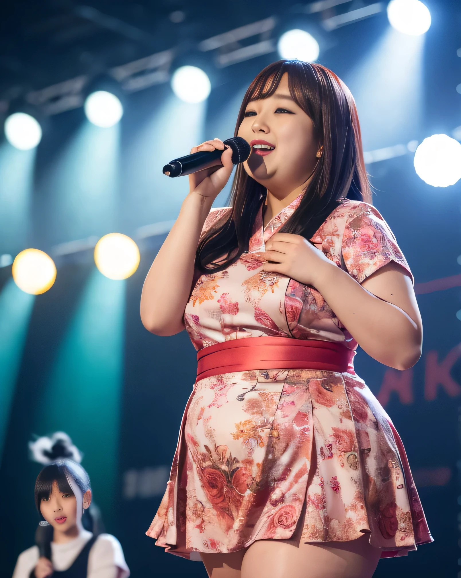 ((8k)), highest quality, 超High resolution, (surreal)、(High resolution), 1 girl, idol, ((idol clothing)), Double chin, Overweight, extremely fat, ((Chubby)), Japanese,on stage