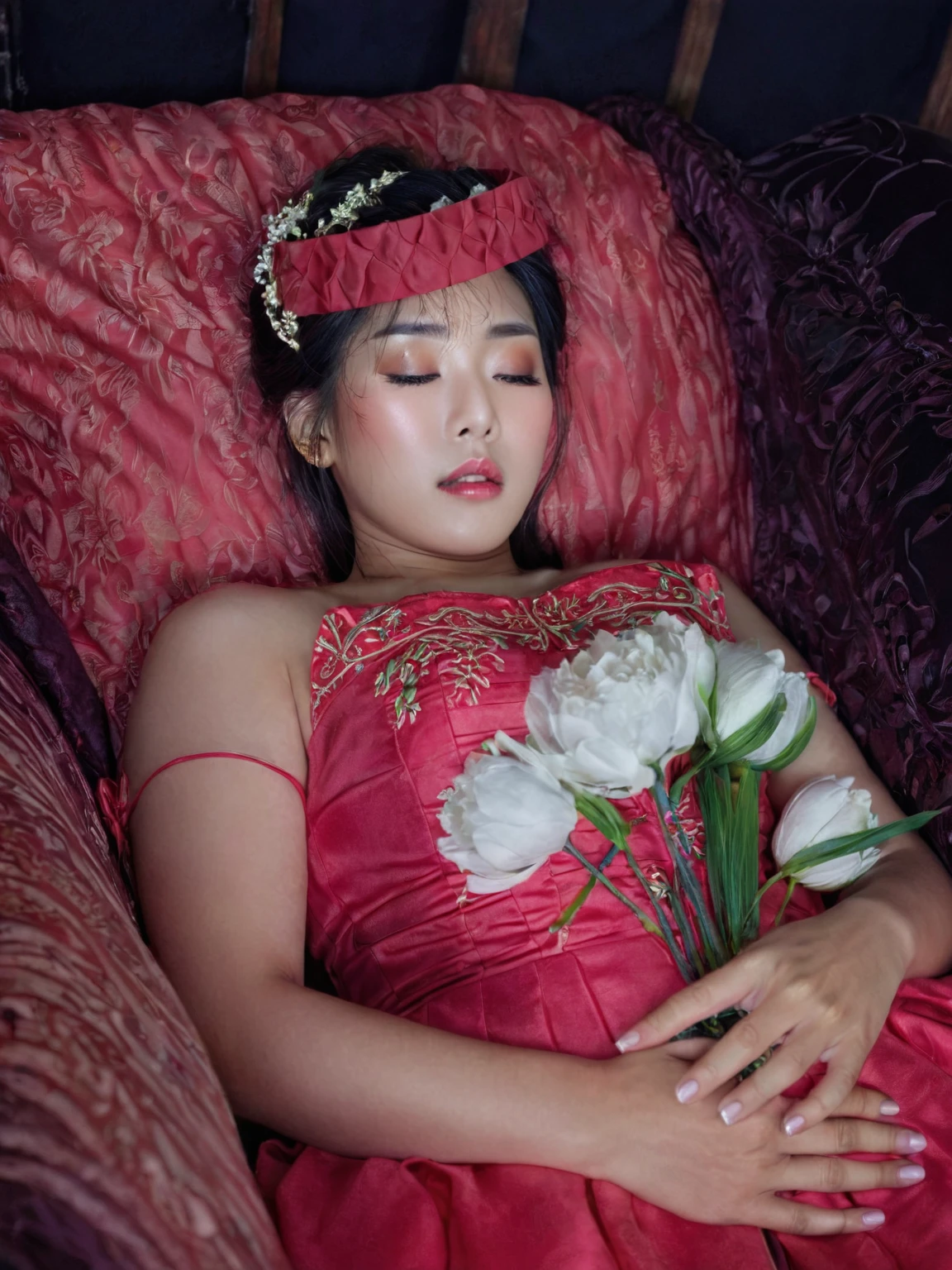 In a striking 8K HDR scene, a stunning Korean woman, 22 years old, lies peacefully in a coffin and coffin cover surrounded by plush pillows behind head. The deep box is set against a rich black background, accentuating the beauty of the subject. Her exquisite deep-V neckline kebaya attire is embroidered with superb detail, showcasing her round and firm breasts, perfect cleavage, and beautiful eyebrows. Her closed eyes and mouth give an air of serenity, while her visible and absolute cleavage leave nothing to imagination. The scene is bathed in saturated colors, highlighting every intricate aspect from the ball skirt to her clean face, straight body, detailed hand perfect hands, straight body, own hands together, own hand on stomach, detailed hands, perfect hands, holding the flowers, wearing higheels.