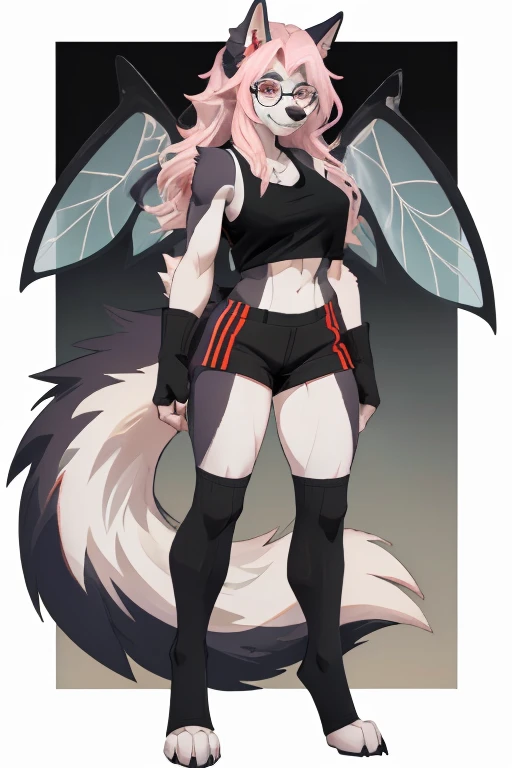 female, white and pink long hair, red eyes, wolf, hellhound, digitigrade, white fur, (((1girl))), (((pink cropped tank top))), (black short shorts, (black thigh toeless sock), (black fingerless gloves), (half frame glasses), cute and sexy, full body, big breasts, big butt, long legs, smiling, bee wings, four arms