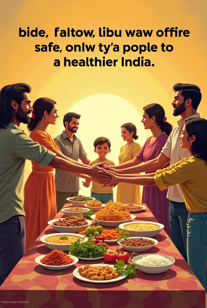 A poster showing diverse people holding hands around a table filled with safe, hygienic food, with the message "Together for Safe Food: Our Pledge for a Healthier India."