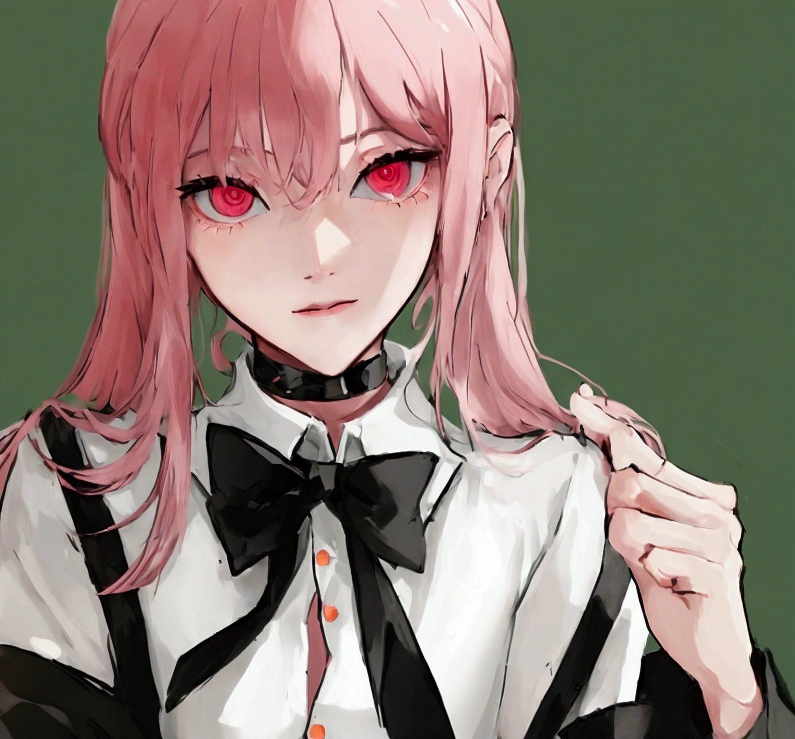 ((best quality)), ((Masterpiece)), (details), 1 girl, White long-sleeved sweater, black bow tie, Long black skirt, pink hair, red eyes, white skin, Wear a black choker, In the rose garden