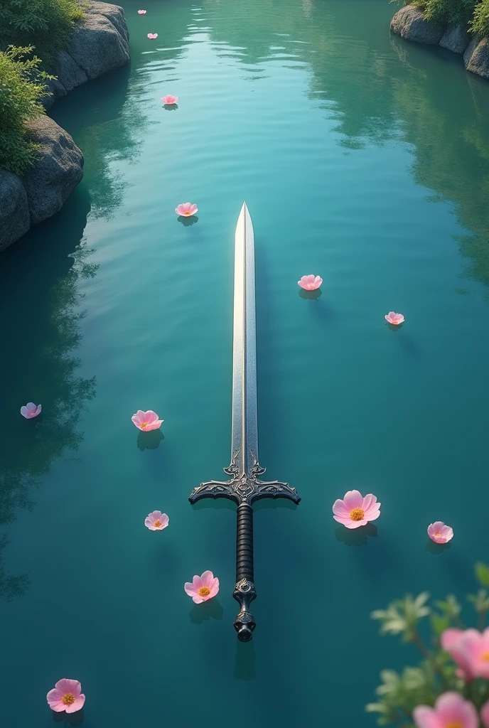 The clear water has a few pink petals and a sword. Top view of the lake. Looks a little more real. More petals.