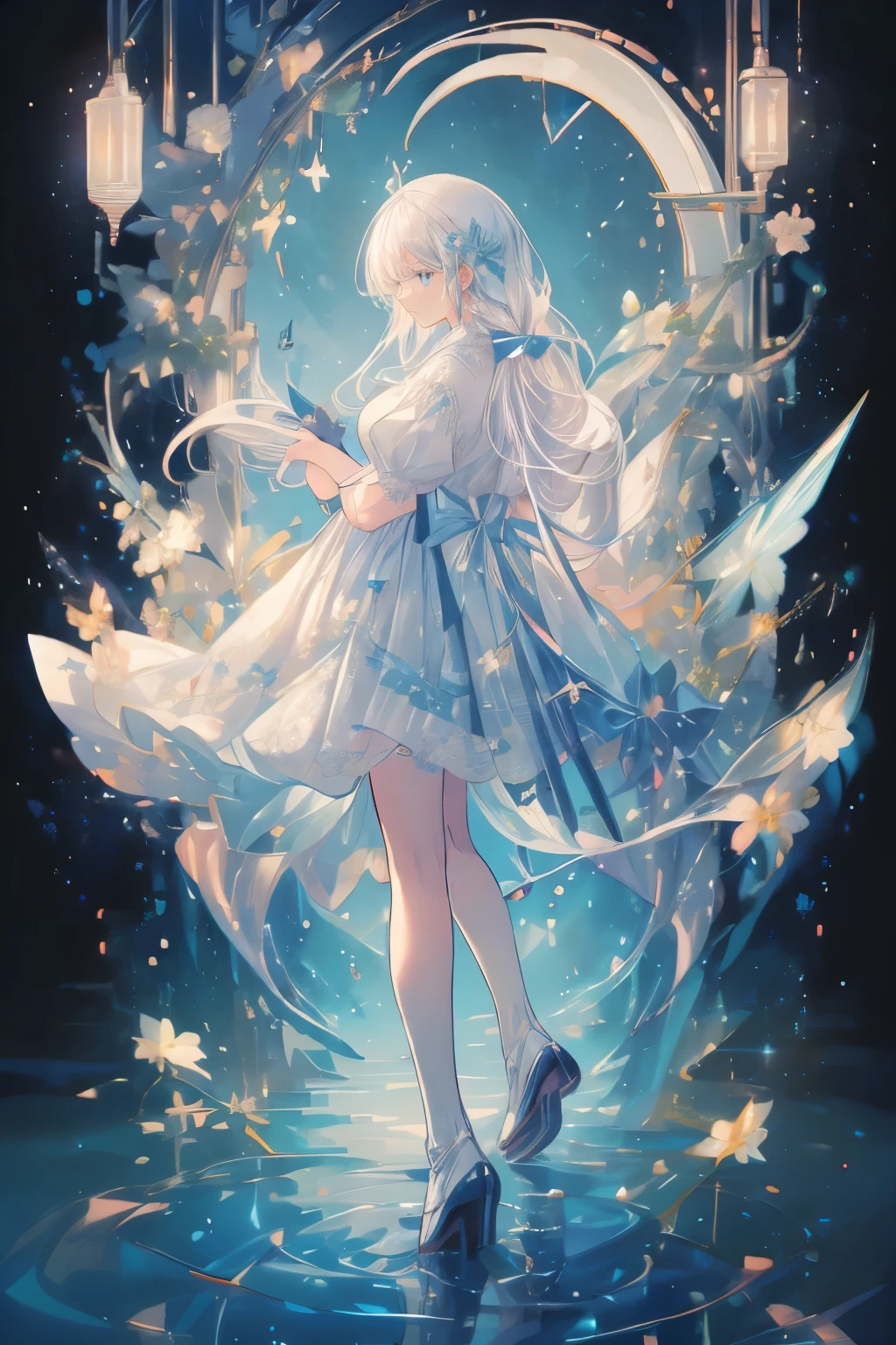 (Mastepiece), (Best Quality), Very detailed, 1 girl, (Full body solo shot:1.5), Perfect Face, beautiful girl, Very detailedな顔,(White hair long hair:1.5),(blue eyes:1.4),(Lots of butterflies々:1.2)、(Lots of white flowers:1.4)、(Lots of blue butterflies々:1.3)、(Sparkling:1.3)、moonlight、流れstar、(night、star空:1.4)、Crescent Moon、star々、moonlight