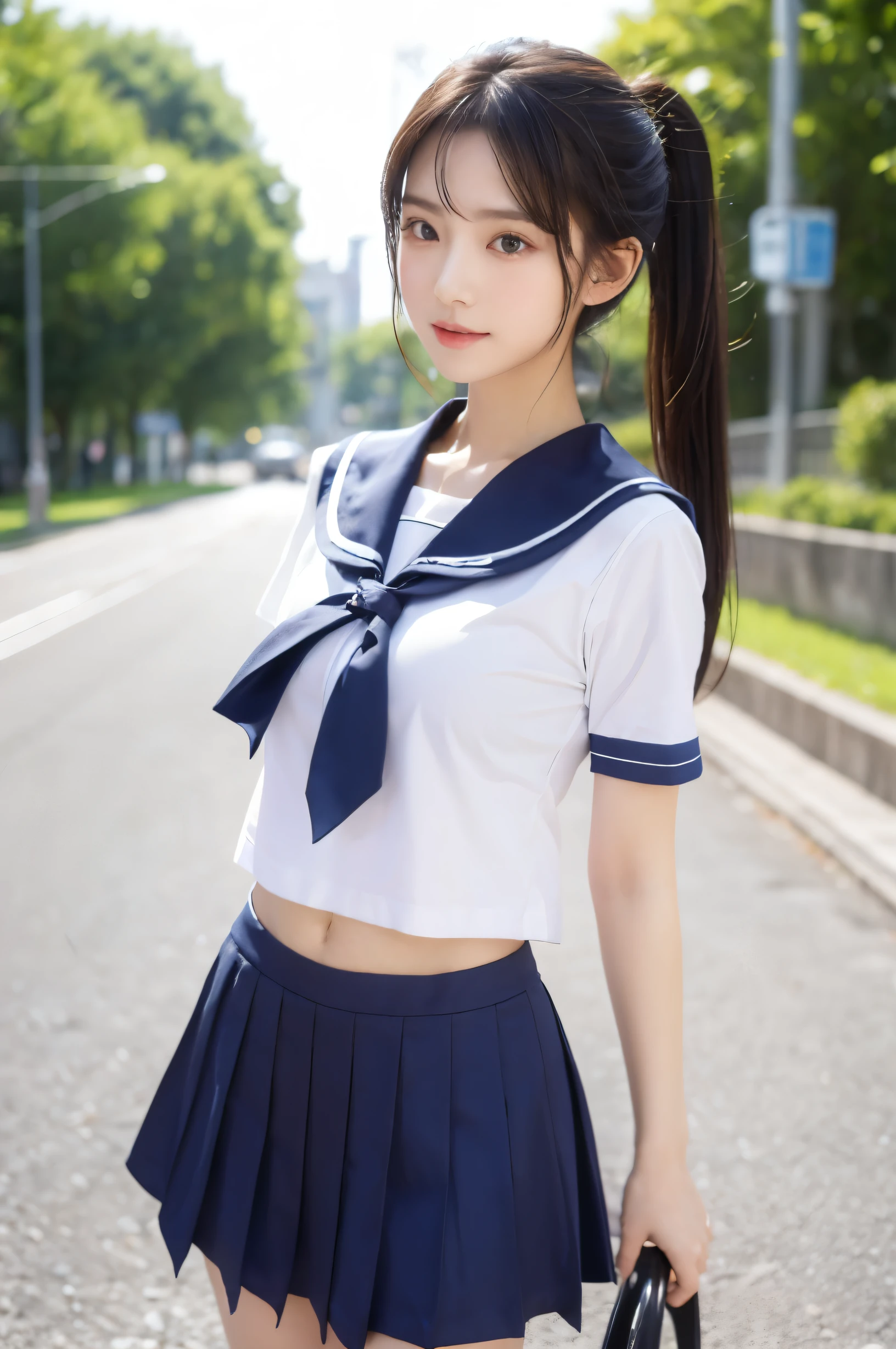 (Ultra HD), (Short-sleeved sailor uniform, Navy blue mini skirt), Big Breasts, slender, Narrow waist, (I can see my belly button:0.8), whole body, Standing posture, (Clean and shiny skin, Whitening, No makeup), (Super slim face, Super beautiful face), (ponytail, Layered Cut, Fluffy hair), (double eyelid, Slanted Eyes), Small Nose, Thin lips, Thin legs, In front of the school gate, evening