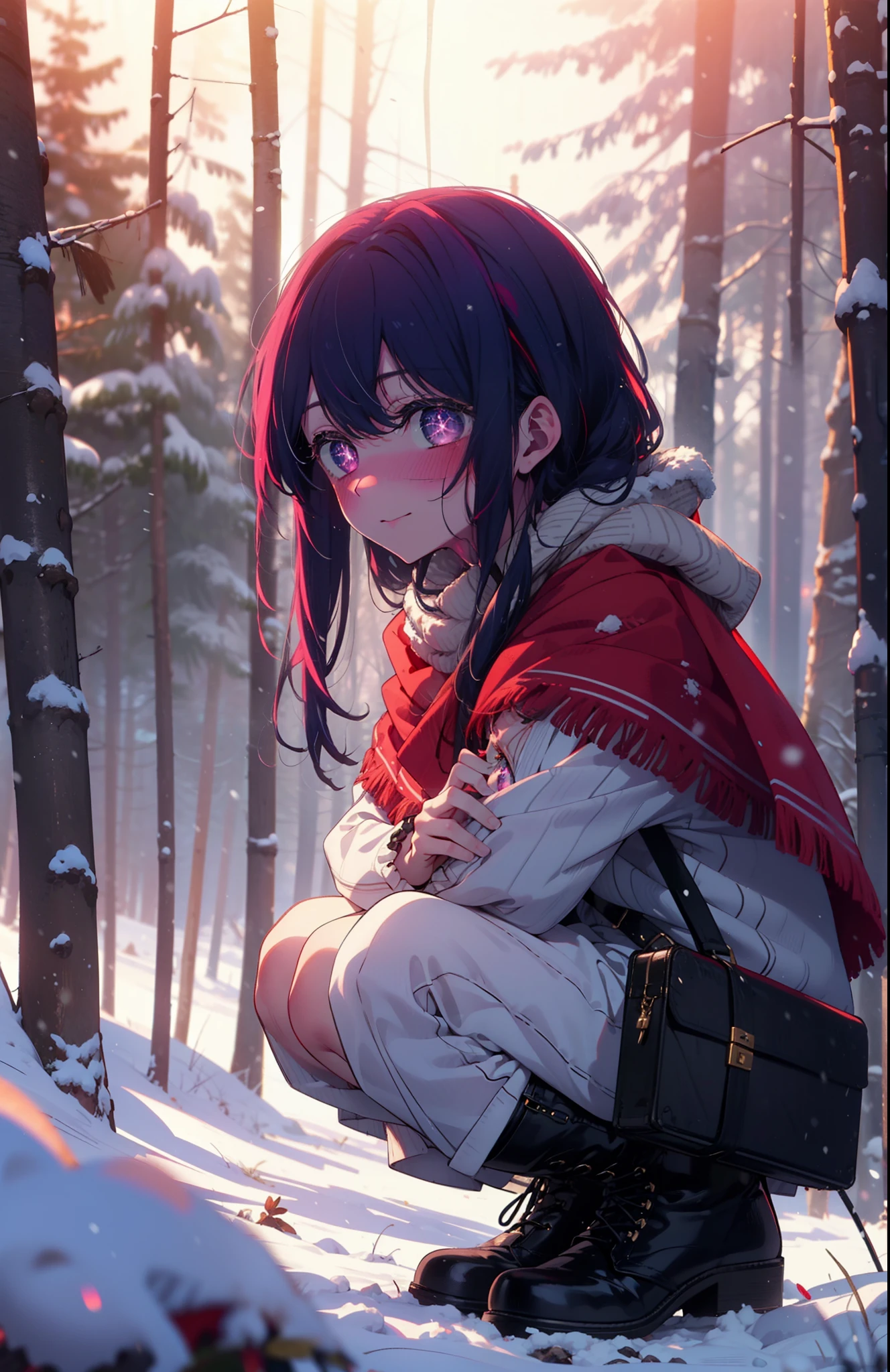 aihoshino, Ai Hoshino, Long Hair, bangs, (Purple eyes:1.1), Purple Hair, (Symbol-shaped pupil:1.5), smile,,smile,blush,white breath,
Open your mouth,snow,Ground bonfire, Outdoor, boots, snowing, From the side, wood, suitcase, Cape, Blurred, , forest, White handbag, nature,  Squat, Mouth closed, Cape, winter, Written boundary depth, Black shoes, red Cape break looking at viewer, Upper Body, whole body, break Outdoor, forest, nature, break (masterpiece:1.2), Highest quality, High resolution, unity 8k wallpaper, (shape:0.8), (Beautiful and beautiful eyes:1.6), Highly detailed face, Perfect lighting, Extremely detailed CG, (Perfect hands, Perfect Anatomy),