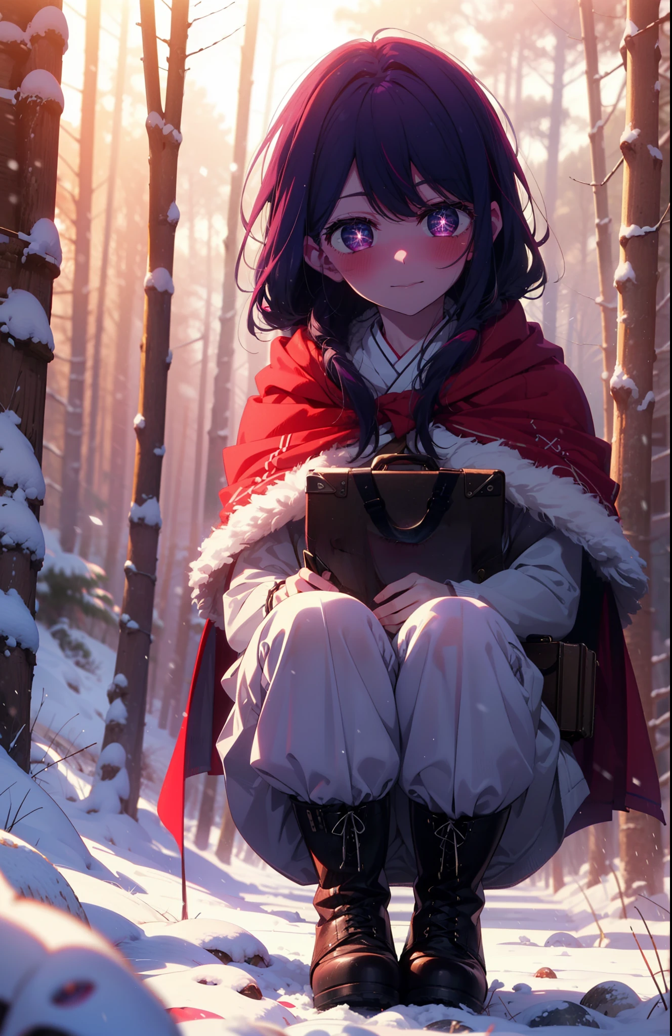 aihoshino, Ai Hoshino, Long Hair, bangs, (Purple eyes:1.1), Purple Hair, (Symbol-shaped pupil:1.5), smile,,smile,blush,white breath,
Open your mouth,snow,Ground bonfire, Outdoor, boots, snowing, From the side, wood, suitcase, Cape, Blurred, , forest, White handbag, nature,  Squat, Mouth closed, Cape, winter, Written boundary depth, Black shoes, red Cape break looking at viewer, Upper Body, whole body, break Outdoor, forest, nature, break (masterpiece:1.2), Highest quality, High resolution, unity 8k wallpaper, (shape:0.8), (Beautiful and beautiful eyes:1.6), Highly detailed face, Perfect lighting, Extremely detailed CG, (Perfect hands, Perfect Anatomy),
