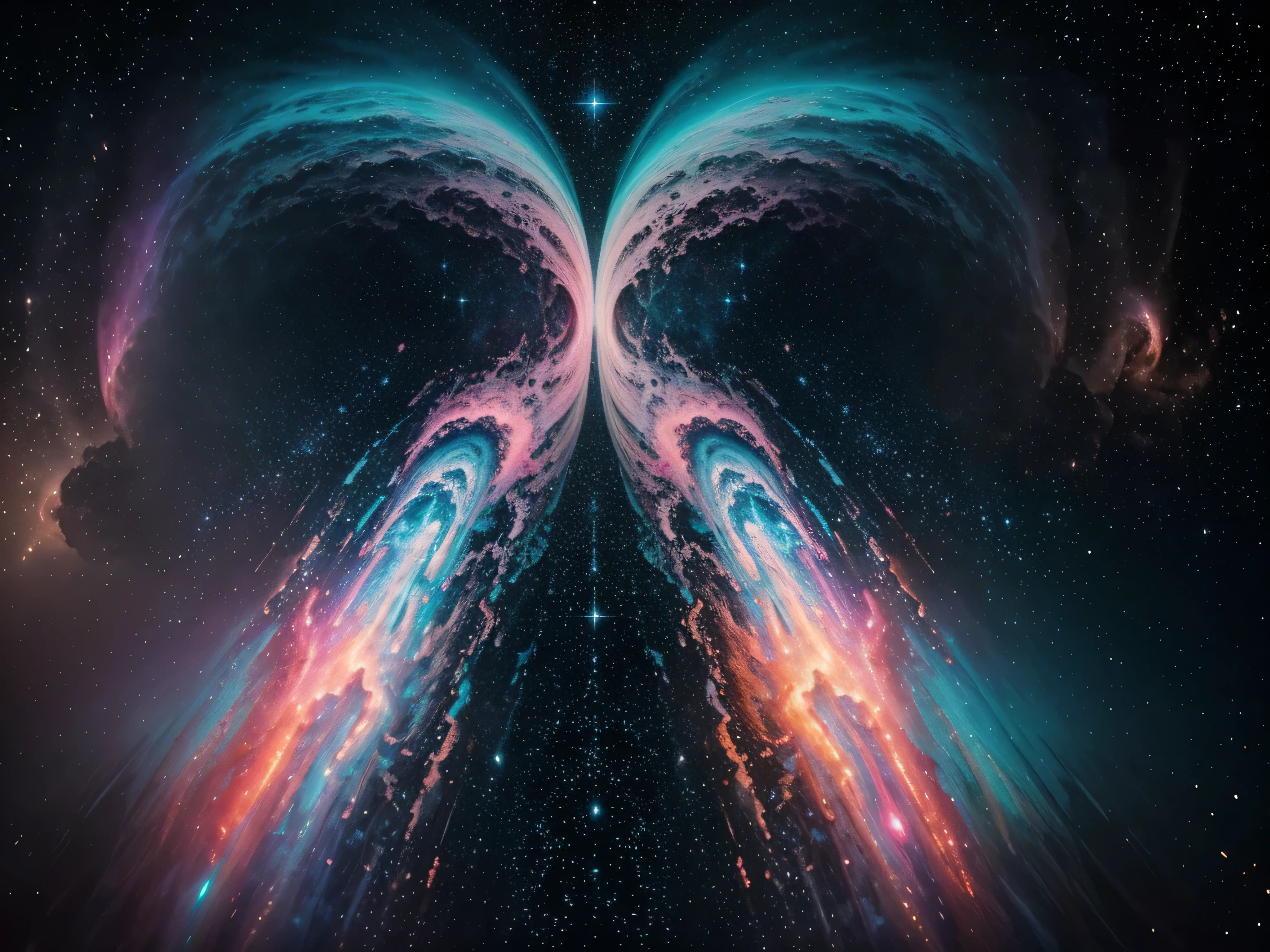An ethereal union of cosmic entities dances in a surreal haze of pastel hues and glitchy distortions in an oil painting. The central focus is a mesmerizing spectacle of two swirling galaxies merging in a psychedelic display of neon pinks and electric blues. The image is meticulously crafted, with each brushstroke adding depth to the dreamlike scene. The shimmering stars and wispy nebulae create a sense of otherworldly wonder, drawing the viewer into a trance-like state of contemplation and awe.