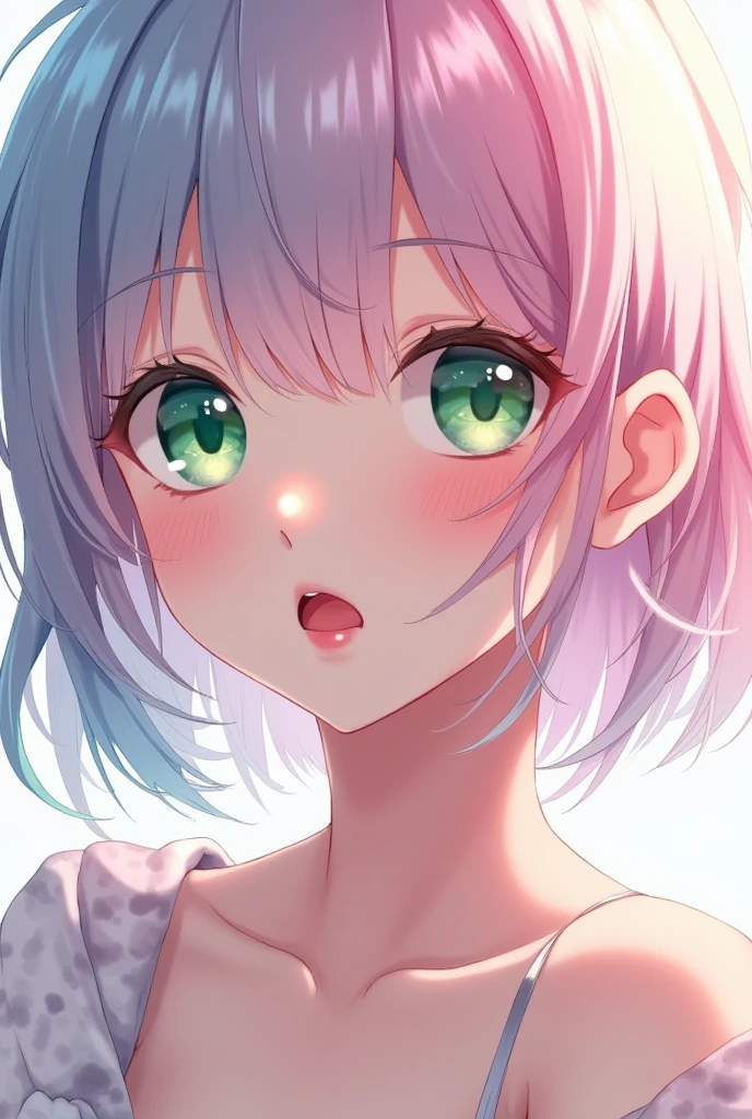 Pretty anime girl with light green eyes, red lips, well-drawn face, short pink-blue hair