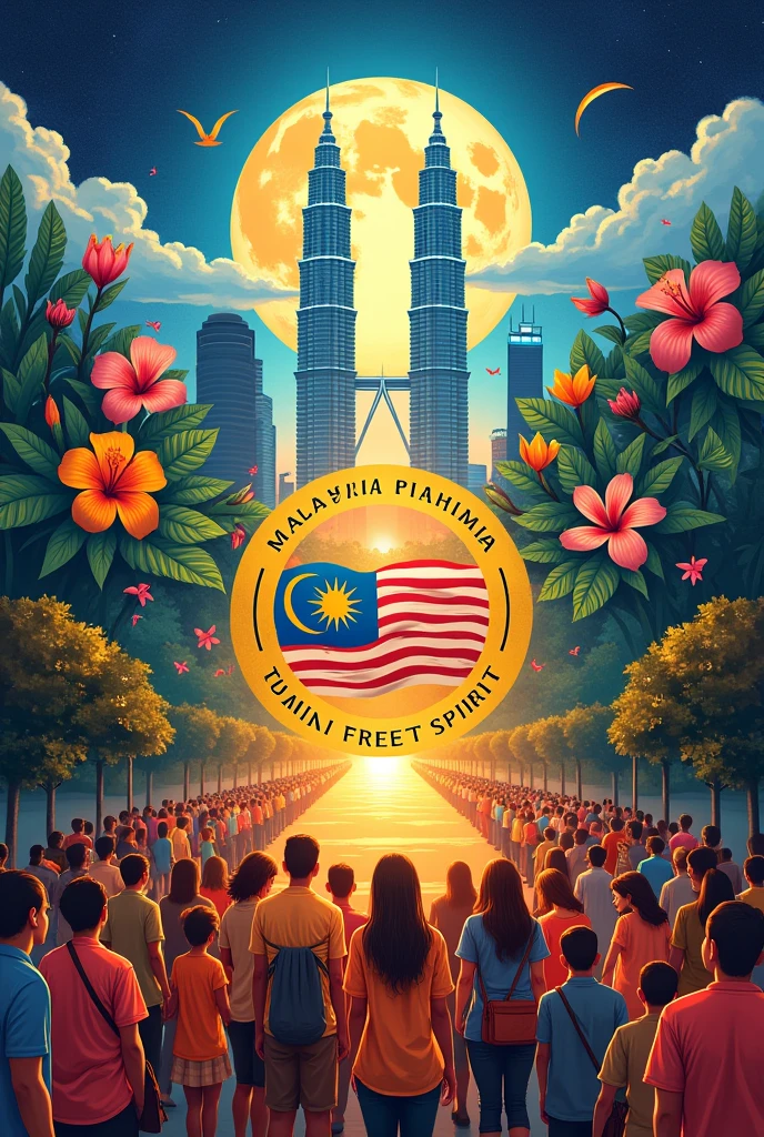 independence day poster (there is a brilliant path, people of racial unity, Hibiscus, rafflesia flower, klcc twin towers, wow moon, nasi lemak, tunku abdul rahman, tugu malysia) (in the middle there is a circle and inside there is written malysia madani, free spirit)  painting