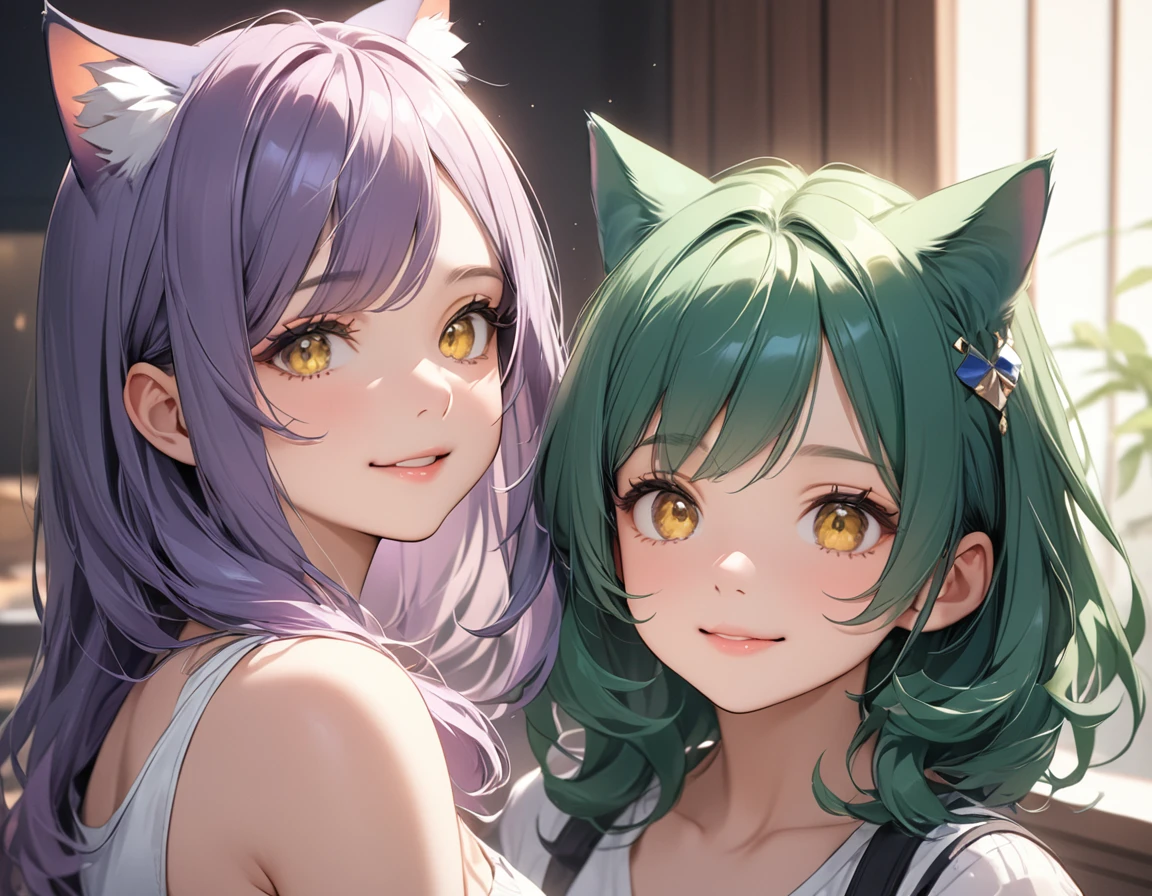 (masterpiece:1.5),(Beat quality),(high res),2girls,beautiful face,smileupper body,A girl with cat ears, green hair and yellow eyes and a girl with cat ears, purple hair and yellow eyes