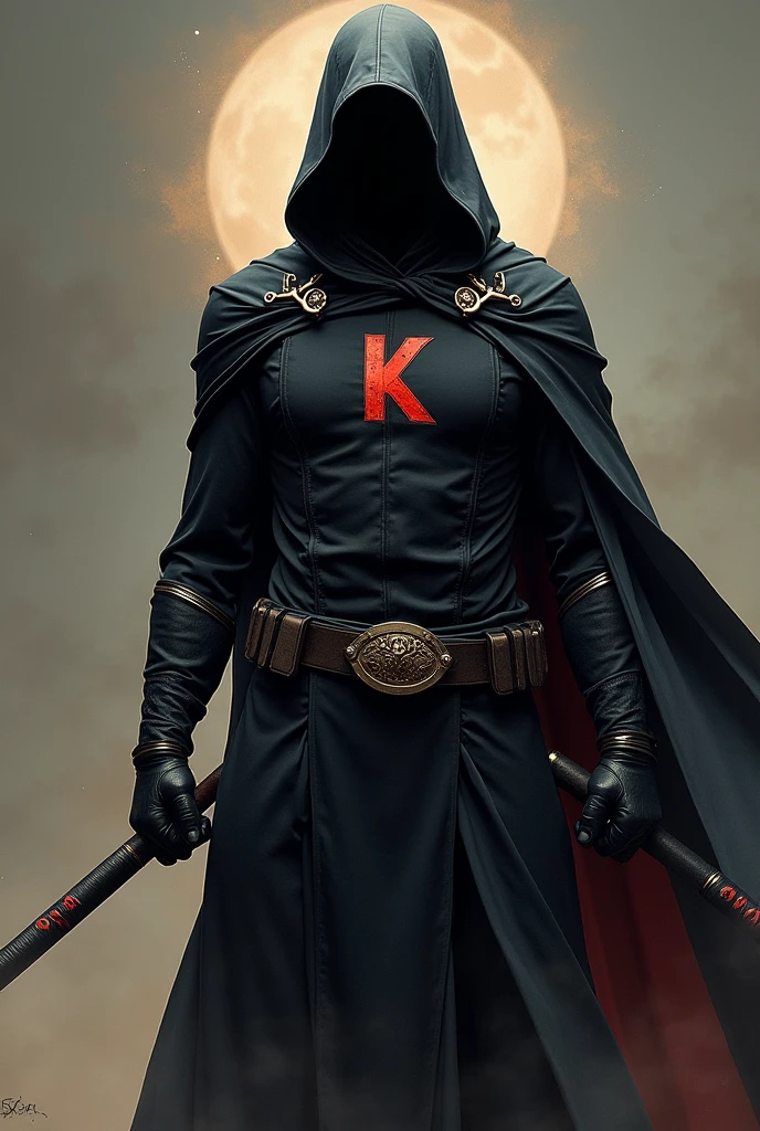 superhero that does not exist yet with the power of telepathy, strength and healing who has a black suit with a K on the chest and 2 katanas