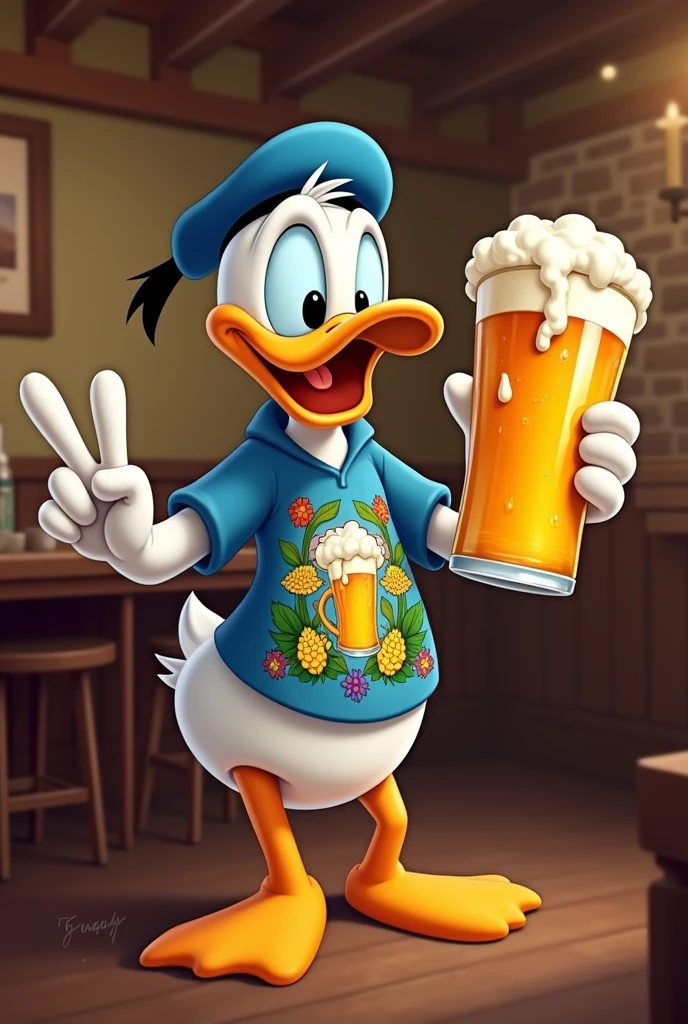 Donald duck holding a beer mug and wearing a beer printed shirt